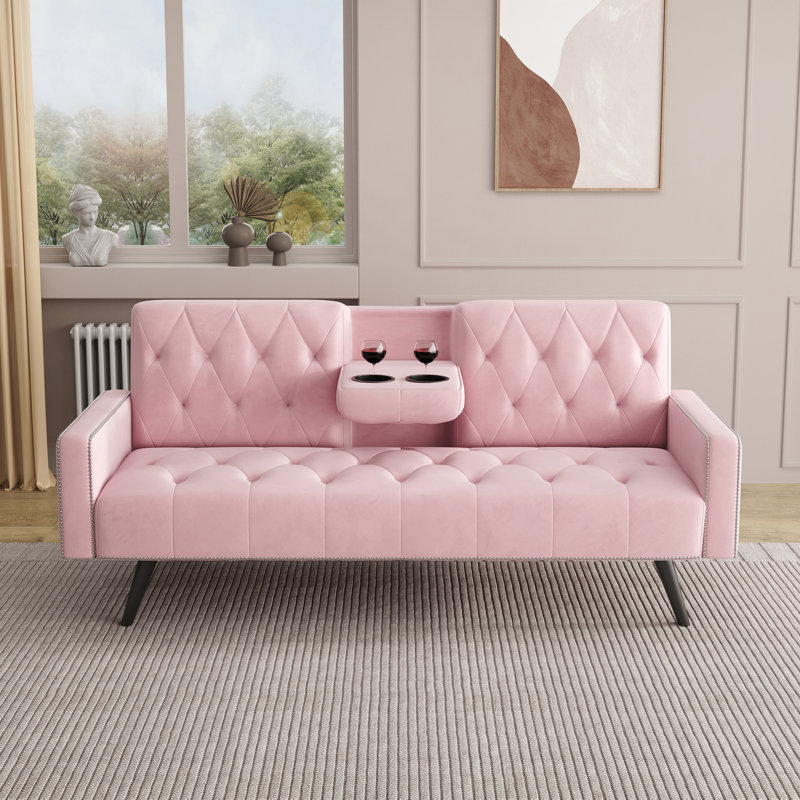 Canapé 1730 avec accoudoirs et garniture cloutée avec deux porte-gobelets Canapé en velours rose de 72 po pour petits espaces