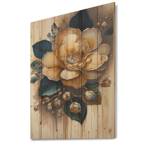 Red Barrel Studio® Yellow And Dark Blue Camellia Flower I On Wood Print ...