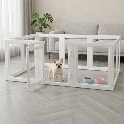 Clear Acrylic Plastic Pet Enclosure - Transparent Design - Simple Assembly - Suitable for Puppies, Cats, or Small Animals - Indoor Use - White Finish, 23.6 Inches High, Ten Panels Included