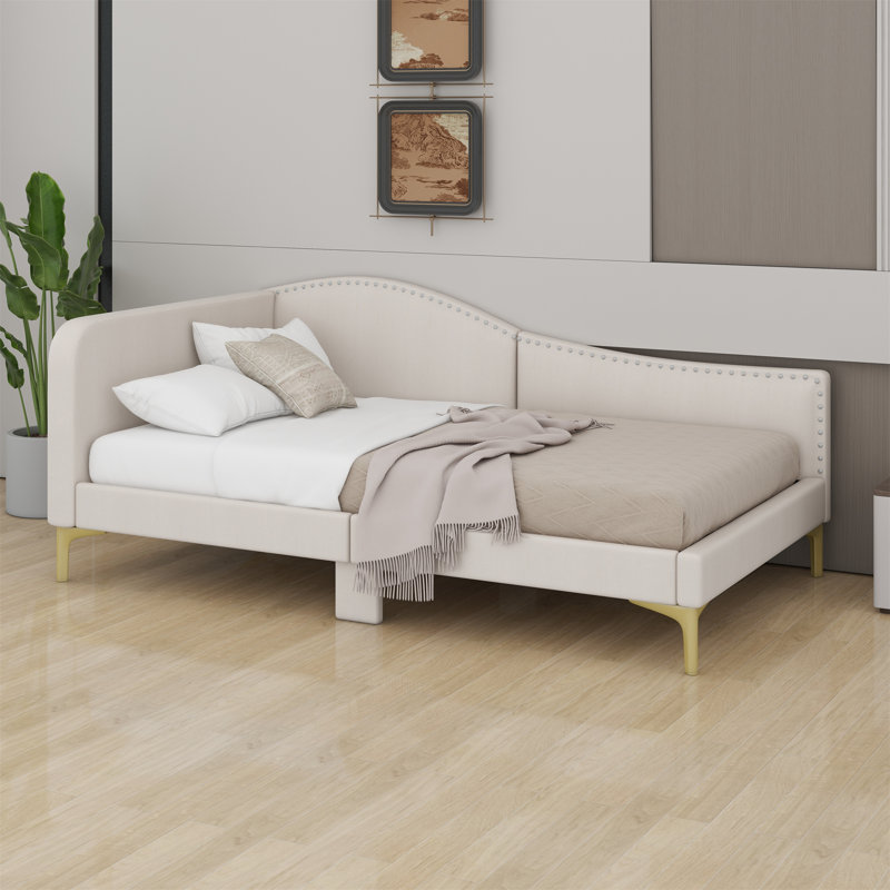 Upholstered Daybed With Headboard And Armrest, Support Legs, Beige