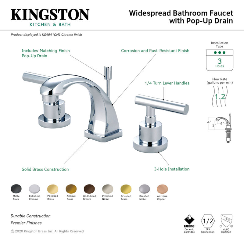 Kingston Brass Manhattan Two-Handle 3-Hole Deck Mount Widespread Bathroom Faucet with Brass Pop-Up Drain, Vintage Brass