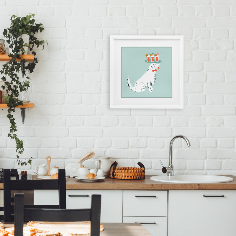 «Drink Tray Dog», impression sous verre encadrée par Krissy Mast, H 13 po x l 13 po, Cadre blanc côtier