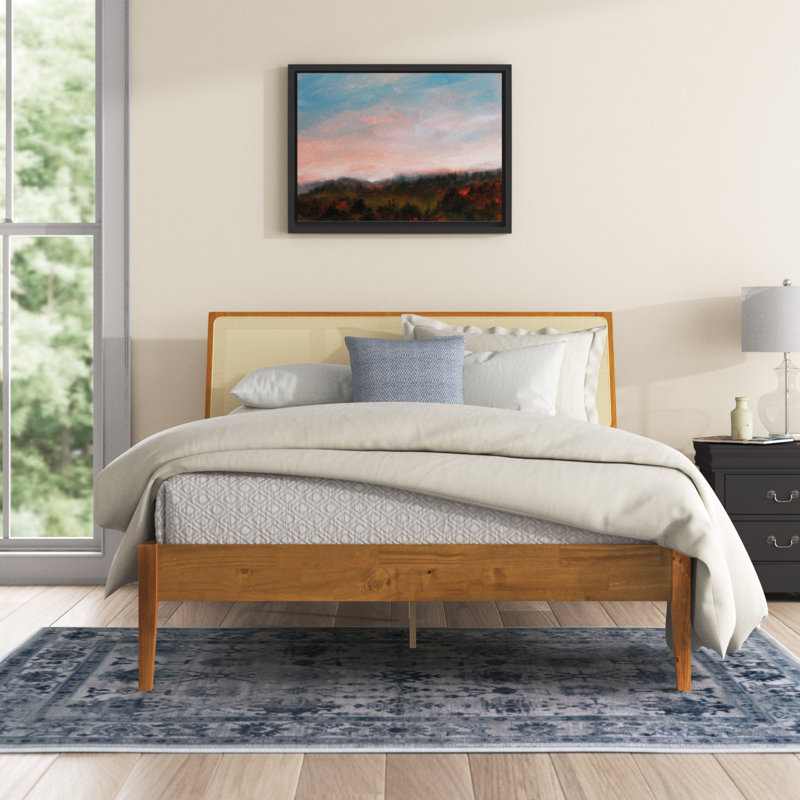 Crawford Modern Solid Wood Bed with Woven Cane Headboard, Queen, Brown