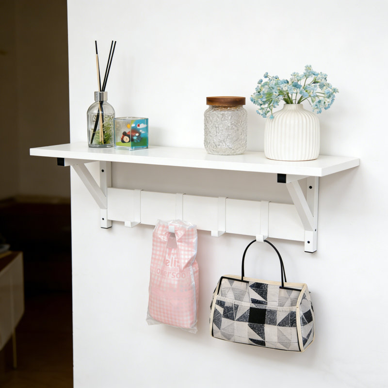 Ciardi Floating Shelf with Hooks - Wall Mounted Storage Shelf, Space Saving Organizer, White, 3