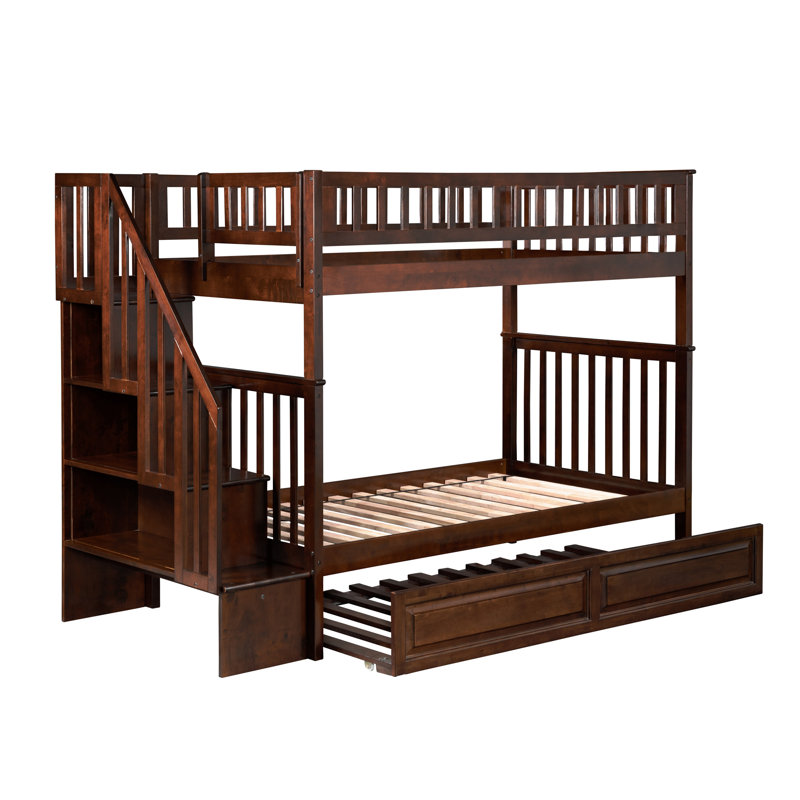 Henden Solid Wood Standard Staircase Bunk Bed with Twin Roll Out Trundle, Walnut, Twin over Twin