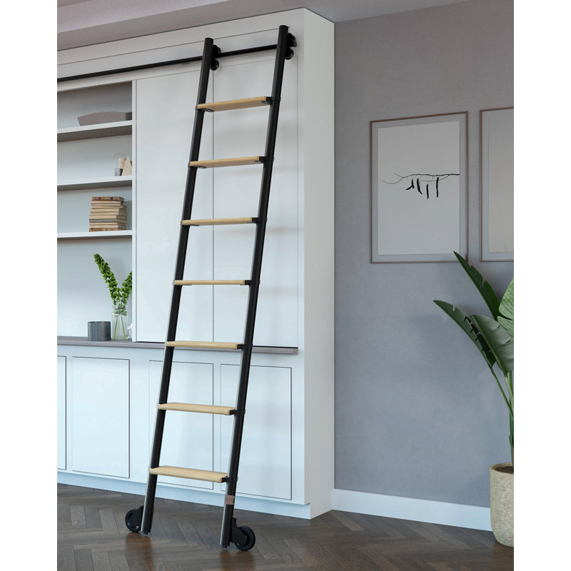 Onyx Black 9' Assembled 8-Step Rolling Ladder with White Oak Steps