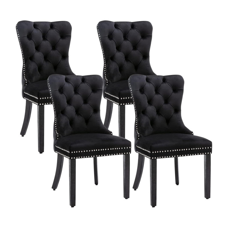 Black Velvet Upholstered Tufted Side Chair with Wood Legs