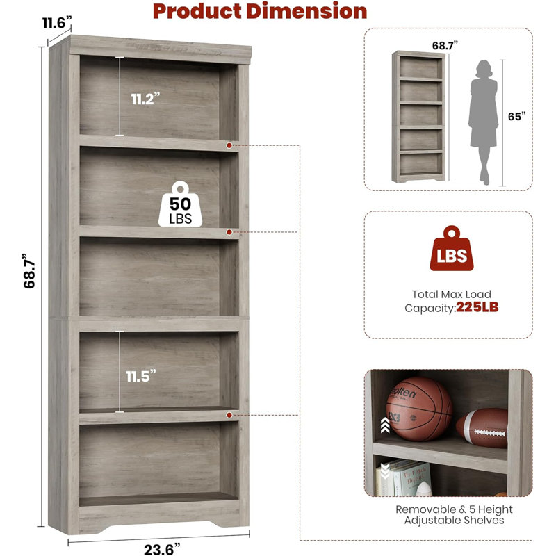 69"5-Tier Farmhouse Bookcase with Adjustable Shelves, Open Display Storage Bookshelf for Home Office, Living Room, Study or Balcony