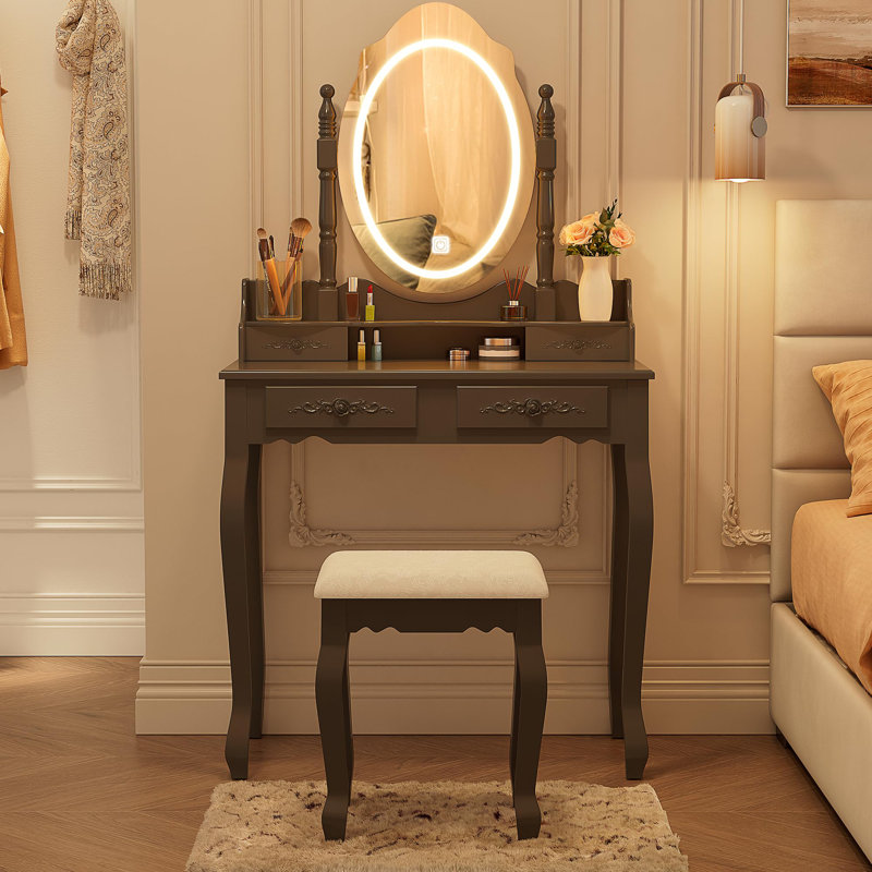 Jalea Vanity Desk with Mirror and Lights, Modern Makeup Table and Cushion Stool Set with 4 Drawers, Black