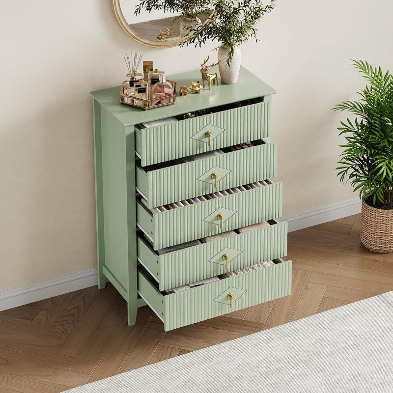 Dresser for Bedroom with 5 Drawers, 32" Wide Modern Chest of Drawers with Metal Handle, Green