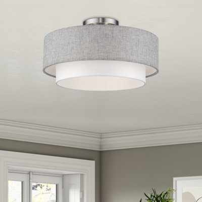 Grand semi-encastré 3 lumières en nickel brossé avec abat-jour en tissu gris et blanc fabriqués à la main