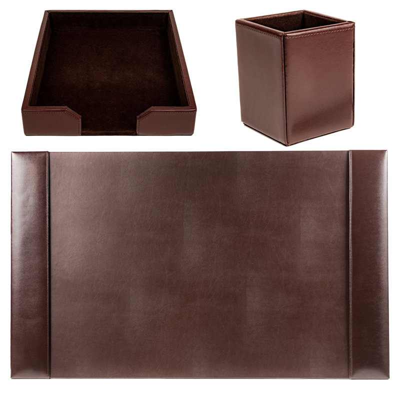 Dark Brown Bonded Leather 3-Piece Desk Organizer Set