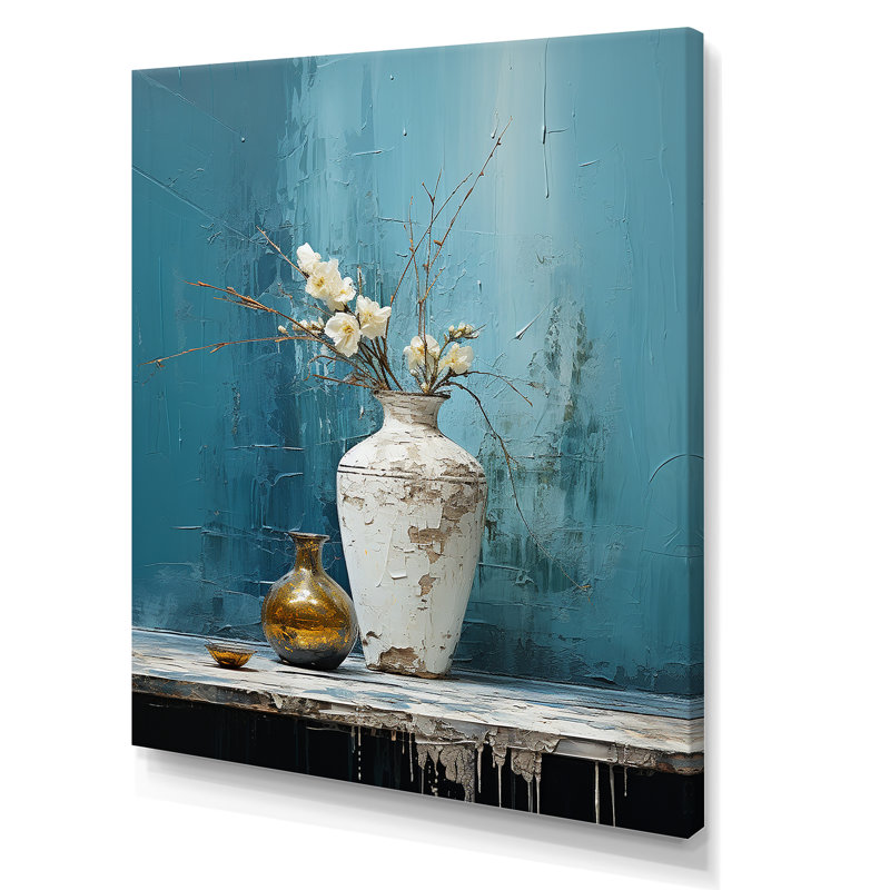 Vase de poterie bleu et blanc Boho, Toile tendue, H 32 po x l 16 po x P 1 po
