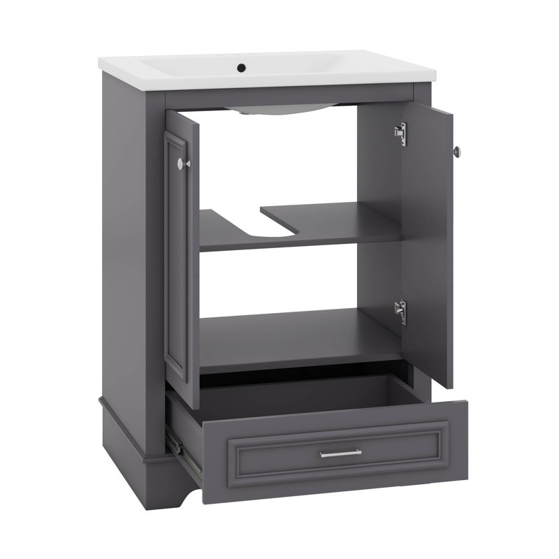Ensemble de meuble-lavabo moderne autoportant 24 po avec lavabo en céramique 24 po, Gris, Argent argent