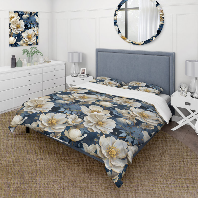 Ensemble de housse de couette à motif floral beige et bleu campagnard, Housse de couette pour très grand lit et 2 très
