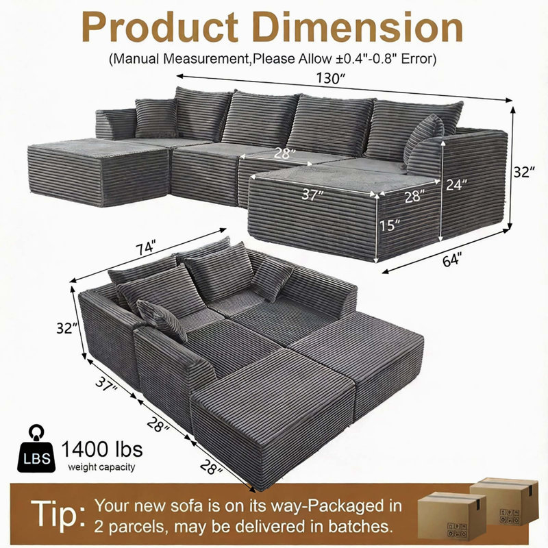 Canapé modulaire gris pour le salon, canapé à compression à siège profond avec mousse à mémoire de forme haute densité, conception rembourrée sans os, aucun assemblage requis