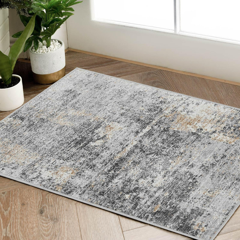 Abstract Non-Slip Machine Washable Grey Runner Rug, Rectangle 2' x 3'