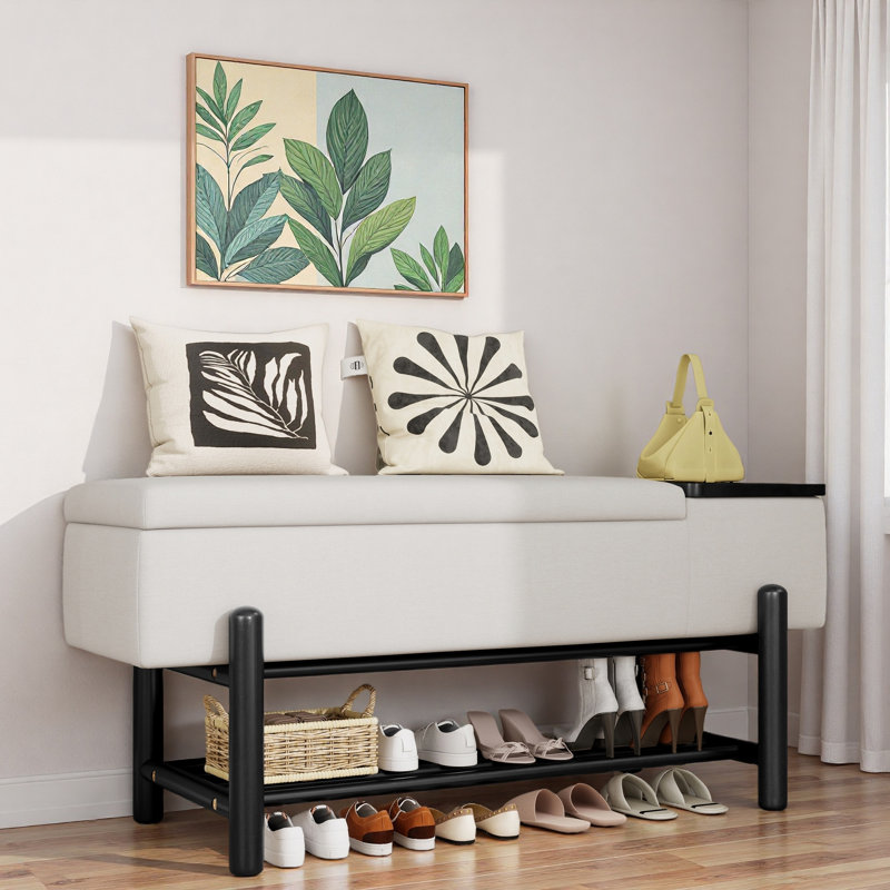 Upholstered Storage Bench, Black/Beige