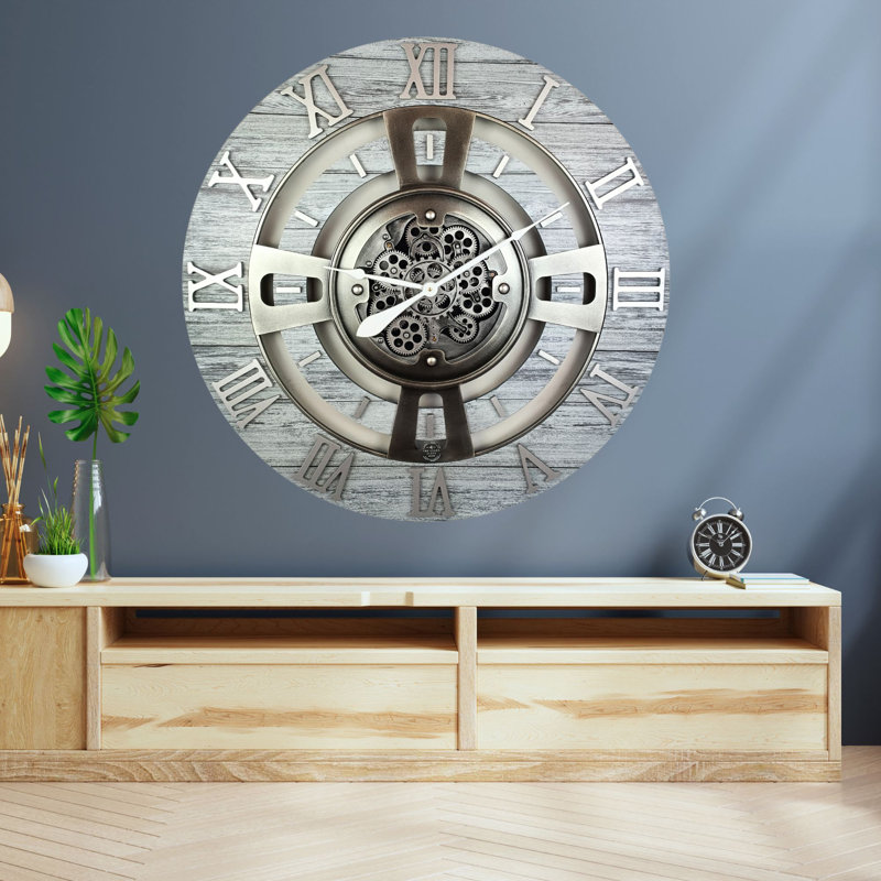 Oversized Silver Grey Wall Clock with Real Moving Gears