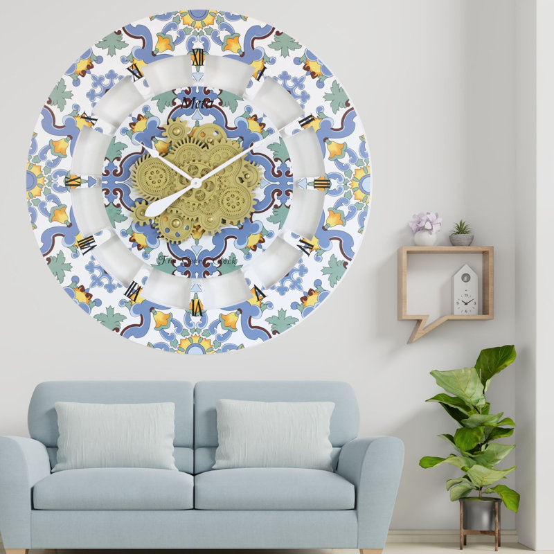 Oversized 36" Multicolor Metal and Wood Wall Clock with Moving Gears