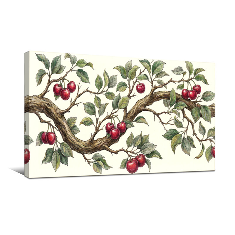 Plantes et fleurs, branche de cerisier avec fruits rouges et feuilles vertes, H 24 po x l 48 po