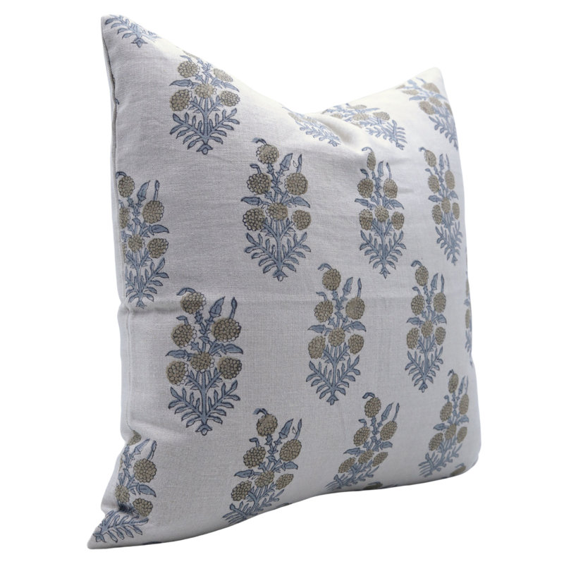 Housse de coussin en lin fabriquée à la main à motif de blocs Fabjine Hjara - 24 x 24 po, Carré, Motif floral vert
