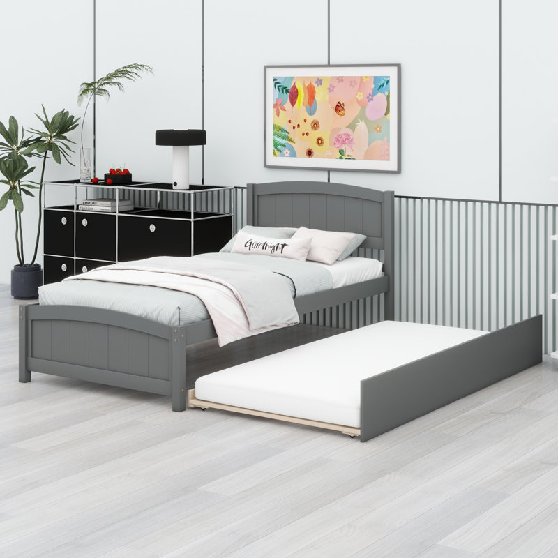 Lit plate-forme avec lit gigogne, gris
