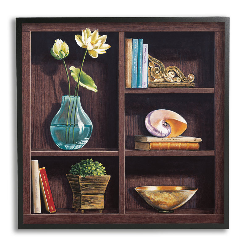 Élégante bibliothèque, nature morte - Impression sur toile, H 17 po x l 17 po x P 1,5 po, Giclée encadrée noir minuit