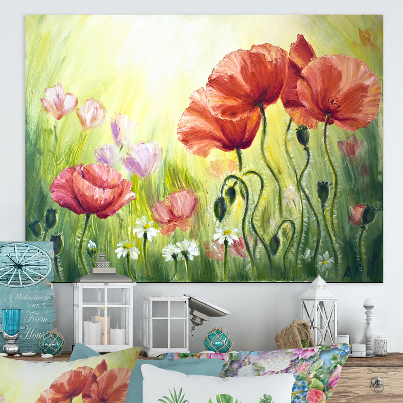 «Blossoming Poppies In The Morning I», peinture sur toile, H 12 po x l 20 po x p 1 po, Toile tendue