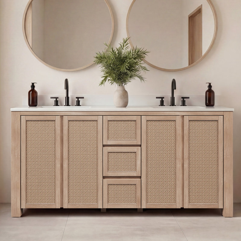 Meuble-lavabo double autoportant de 72 po avec plateau en marbre et lavabo en céramique blanche Belmont, 72"