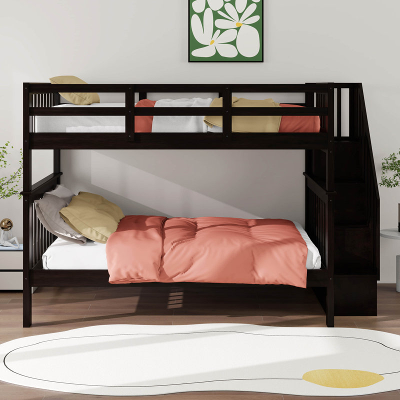 Lit superposé double au-dessus de double, cadre de lit superposé en bois avec escalier, rangements et garde-corps pour chambre à coucher, dortoir pour garçons adultes