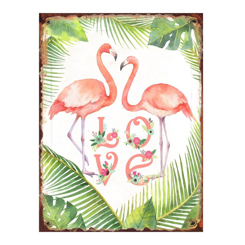 Décoration murale en métal flamant rose love