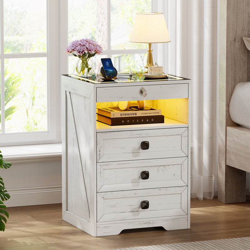 Smart Nightstand With Motion Sensor Light, Hidden Gun Drawer, Wireless Charging, Usb & Type-c Ports, And 3 Storage Drawers