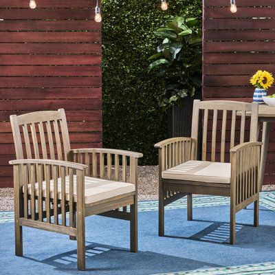 2pcs Wood Dining Chair With Grey+cream Seat Cushions - Stylish, Weather For Outdoor Spaces Comfy , Backyard