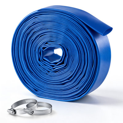 Discharge Hose 1-1/2" x 50 ft PVC Lay Flat Backwash Water Pump Hose, for Swimming Pool Sand Filter & Sump Pump, Heavy Duty, Water Transfer Drainage, Weather & Burst-Resistant, with Clamps, Blue
