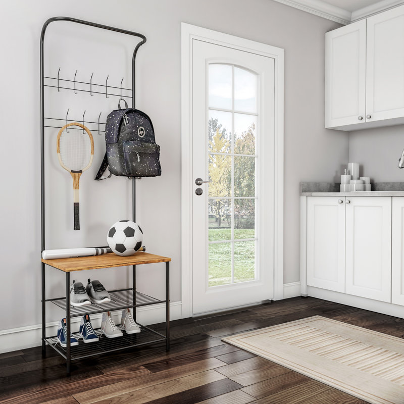 Jorgie Entryway Bench with Coat Rack – Metal Hall Tree with Seat, Hooks, and Shoe Storage – Rustic Farmhouse Freestanding Mudroom Furniture