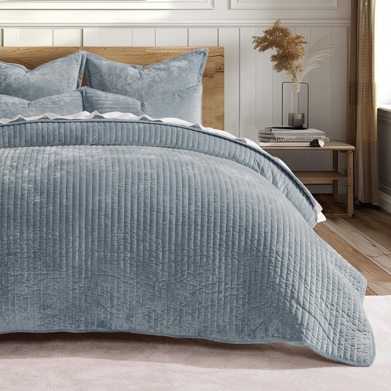 Luxe Velvet Channel Quilt Set, Queen, Blue Linen