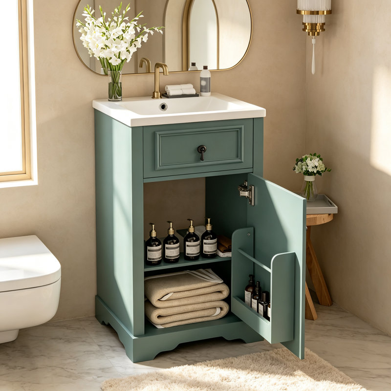 Meuble-lavabo de 20 pouces avec lavabo en céramique, porte à fermeture douce, tablette réglable et support de rangement fixé à la porte - idéal pour les petites salles de bain