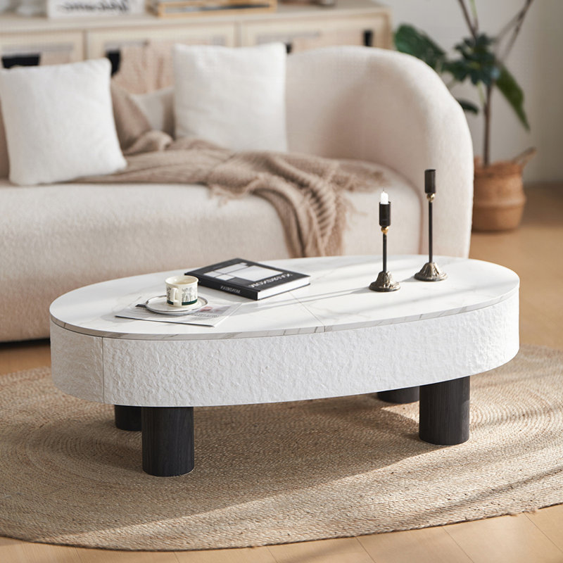 Table basse ovale avec plateau en faux marbre, table basse moderne Mid-Century avec tiroir caché et espace de rangement, table basse pour salon, chambre à coucher, bureau