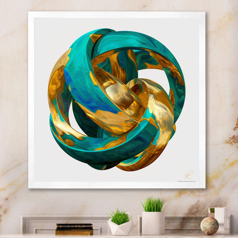Confronting Infinity Turquoise Gold Sphere, reproduction d'art sur toile, H 30 po x l 30 po x P 1 po, Cadre photo blanc