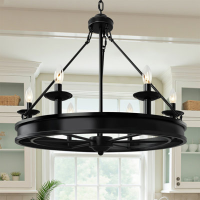 6-Light Black Wagon Wheel Chandelier – Rustic Industrial Pendant Lighting for Dining Room & Foyer