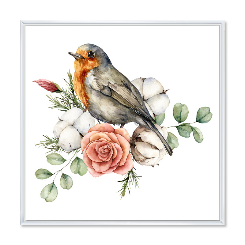 «Robin Redbreast with Cotton Rose and Leaves», peinture sur toile à cadre flottant, H 30 po x l 30 po x P 1 po