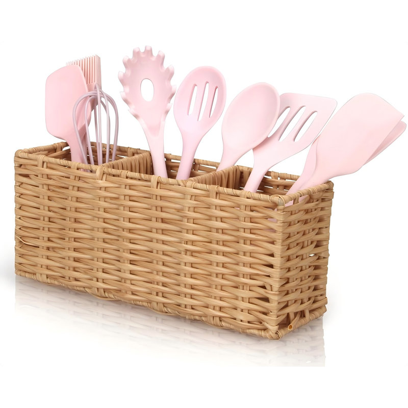 Wicker Flatware Silverware Caddy Cutlery Holder Kitchen Silverware Organizer Storage For Countertop Small Utensil Holders Party Table Spoon Knives Fork Holder Flatware Utensils Caddy Basket