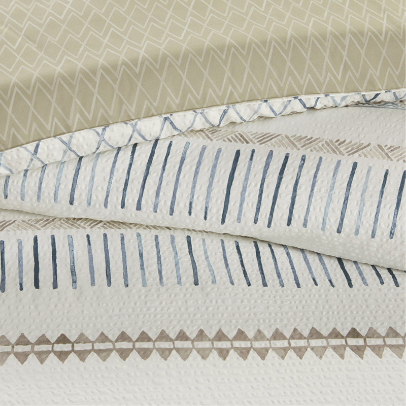5 Piece Printed Seersucker Comforter Set With Throw Pillows Taupe/Blue Full/Queen, Queen   Comforter  + 4 Additional Pieces