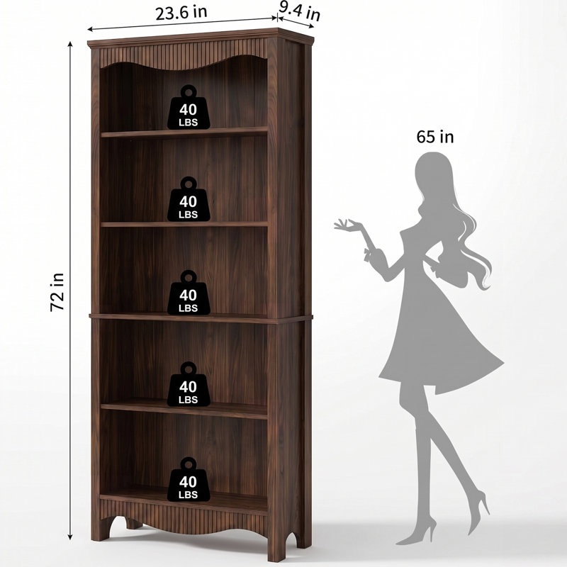 5-Tier Traditional Bookcase, Tall Bookshelf with Curved Decorative Top and Adjustable Shelves, Freestanding Storage Display Cabinet for Living Room, Home Office, Walnut