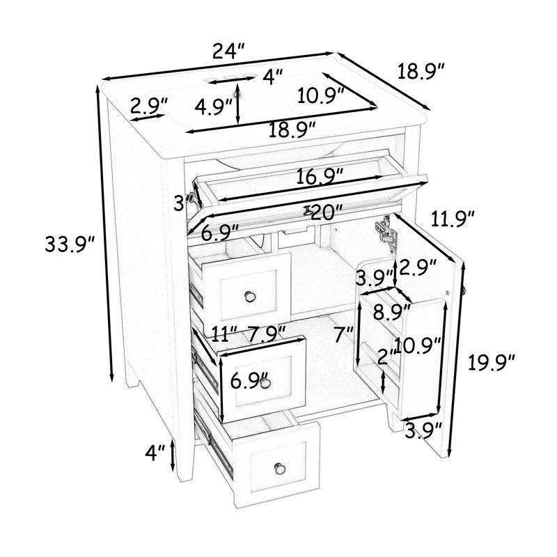 Meuble-lavabo en bois avec lavabo en céramique, tablette et quatre tiroirs, Vert