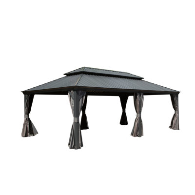 Outdoor Gazebo With Galvanized Steel Roof & Aluminum Frame, 14X22ft, Grey - Built-In Gutter, Curtain, Netting For Deck Garden Gutter System, Curtain And Patio