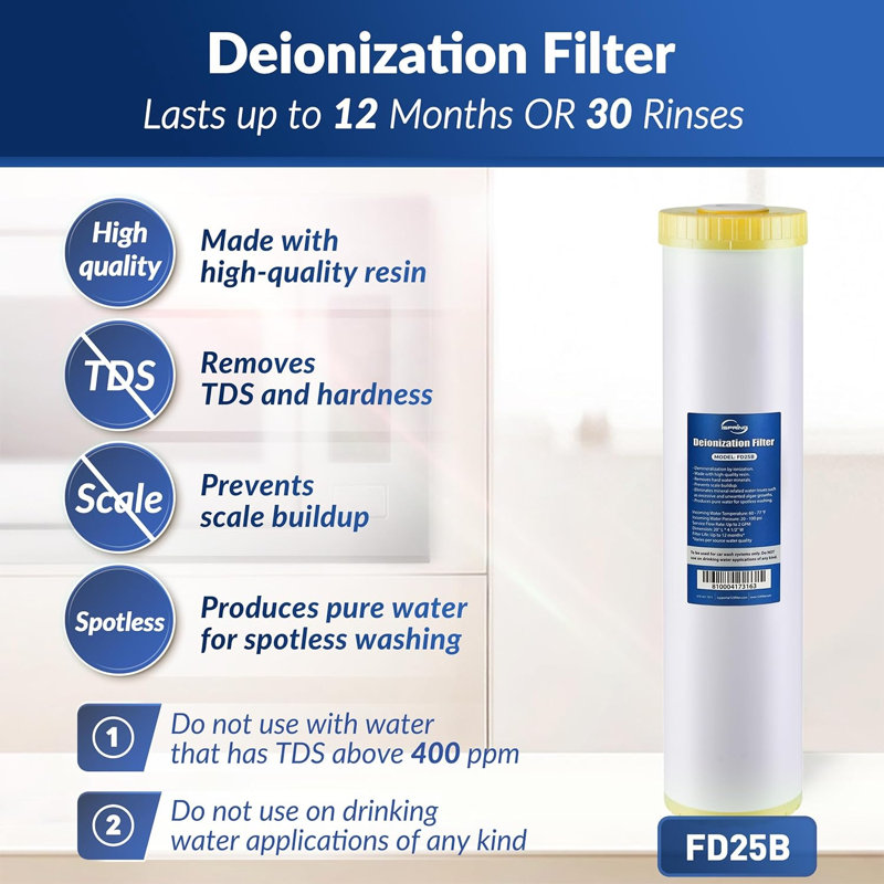 iSpring FD25B Deionized Water Filter for Spotless Car Wash System, Fits WGB22BD Deionized Water System for Car Wash, 4.5” x 20”