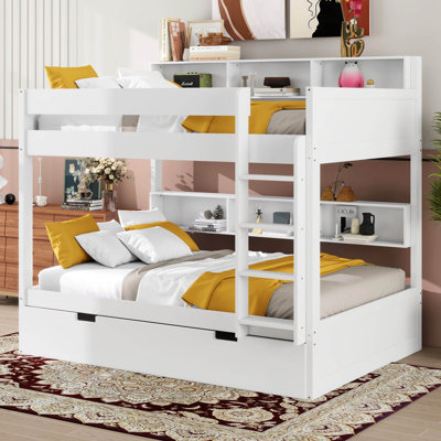 Lit superposé double avec lit gigogne et tablettes intégrées, lit superposé en bois avec rangement