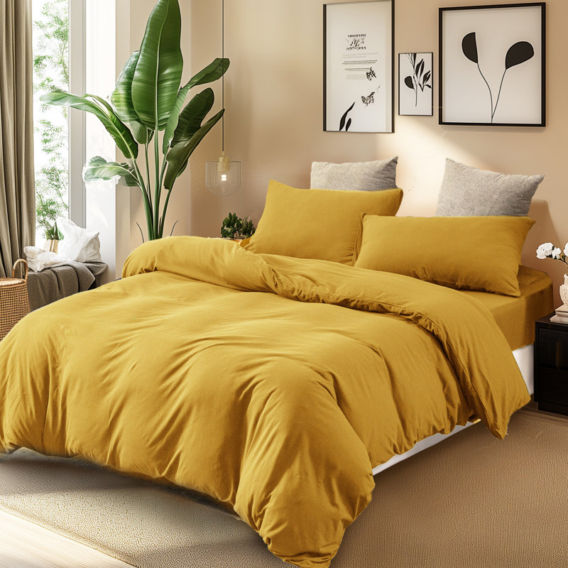HOME BEDDING Jersey Cotton Duvet Cover Set, Yellow, King Duvet Cover + 2 King Shams